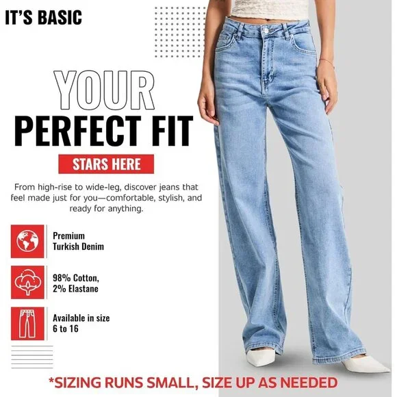 High Waisted Wide Leg Jeans Womens Cotton Elastane Trendy Comfort Streetwear